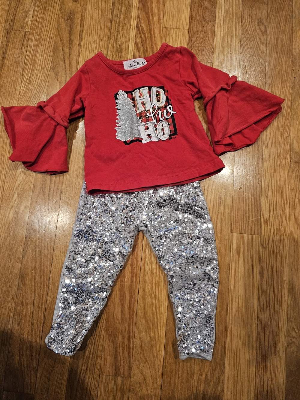 Kids Red Holiday Bell-Sleeve Top & Silver Sequin Leggings Matching Set